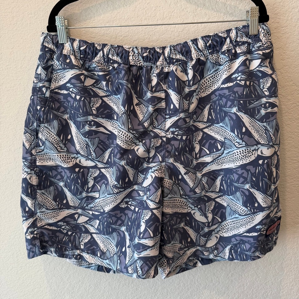 Vineyard Vines Mens Blue Fish Print Swim Trunks Mesh Lined Size Large